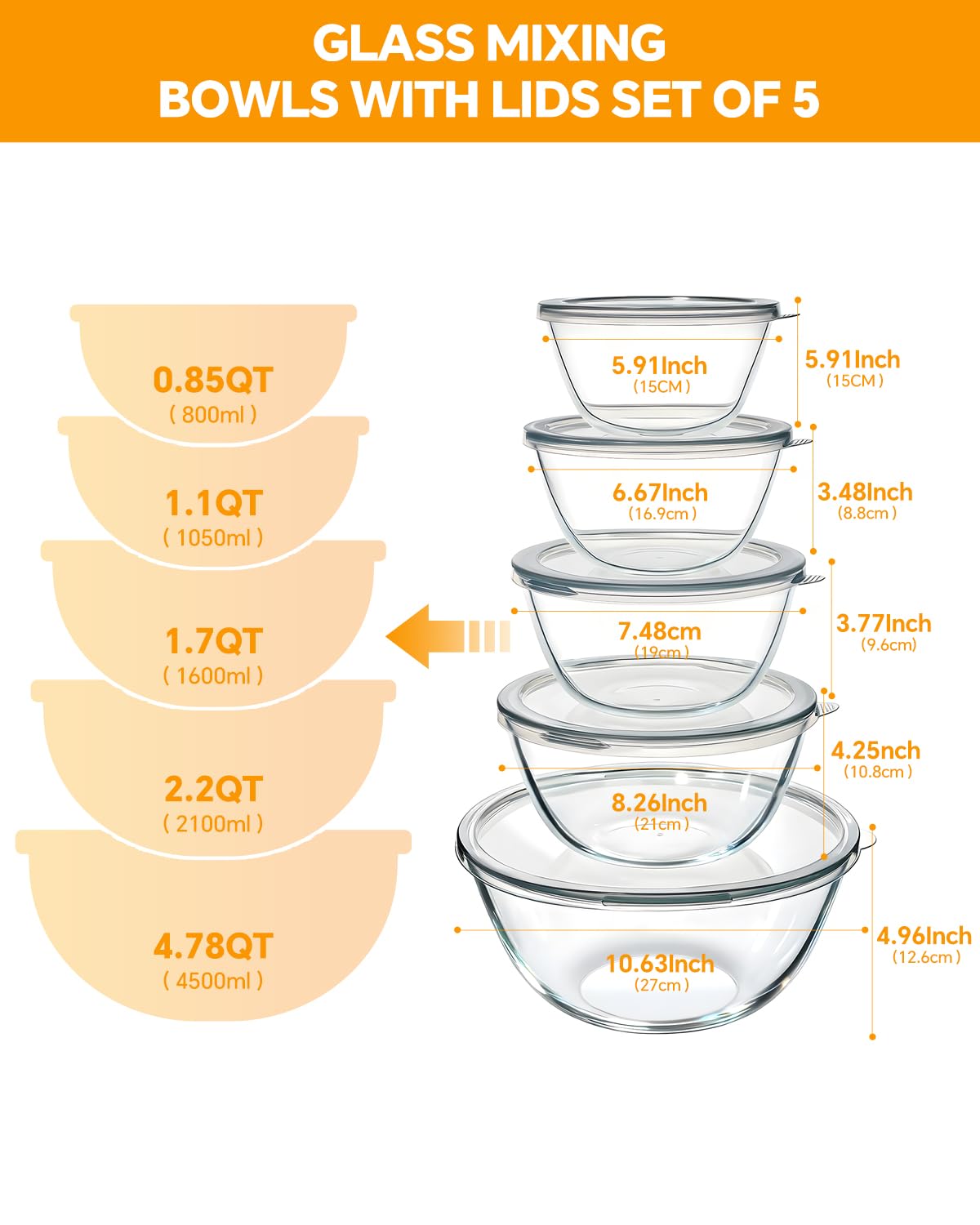 KEMETHY 0.85qt glass mixing bowl with lid, ideal for snacks and dips