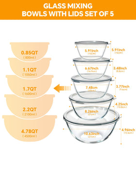KEMETHY 0.85qt glass mixing bowl with lid, ideal for snacks and dips