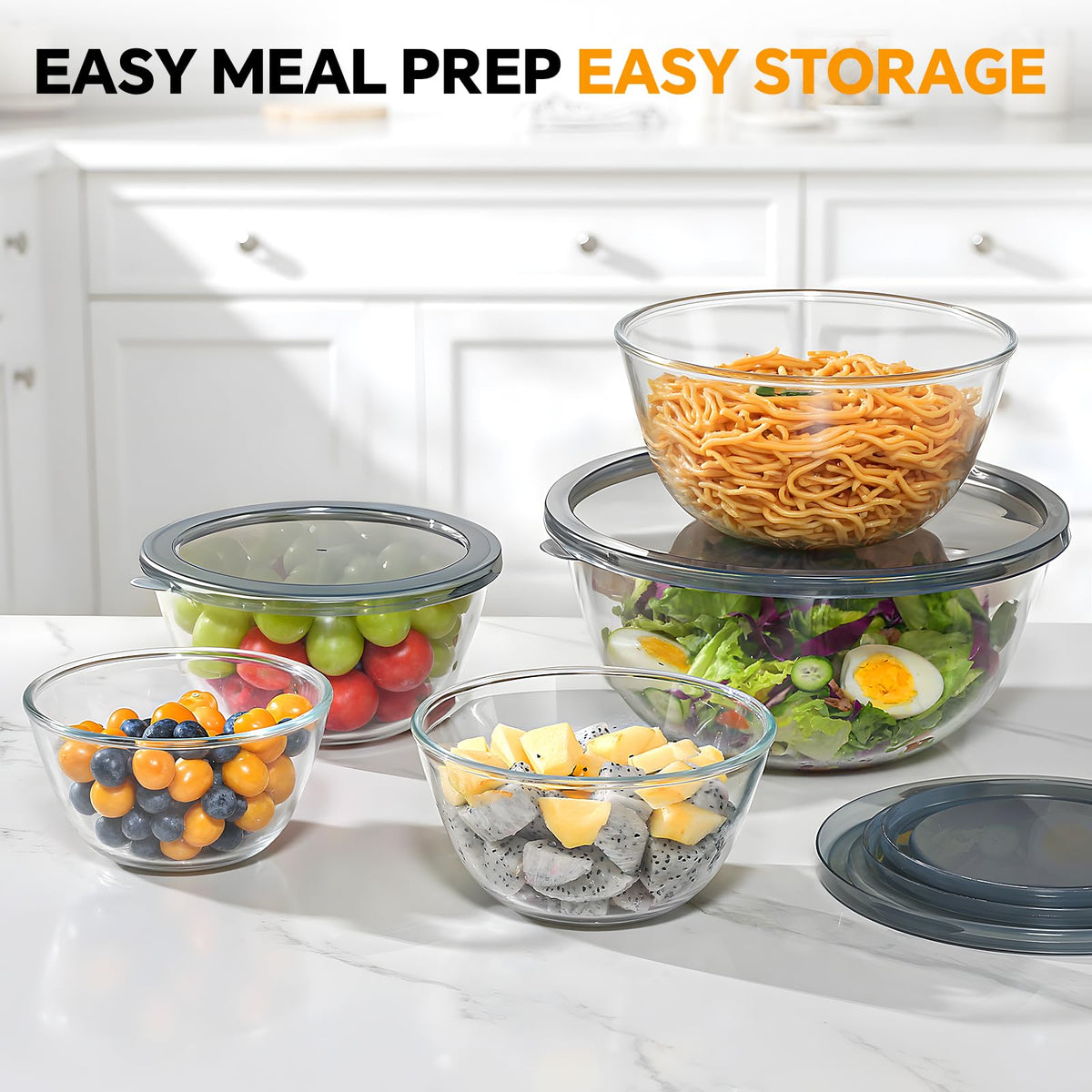 KEMETHY 2.2qt glass mixing bowl with lid, perfect for batters and marinades