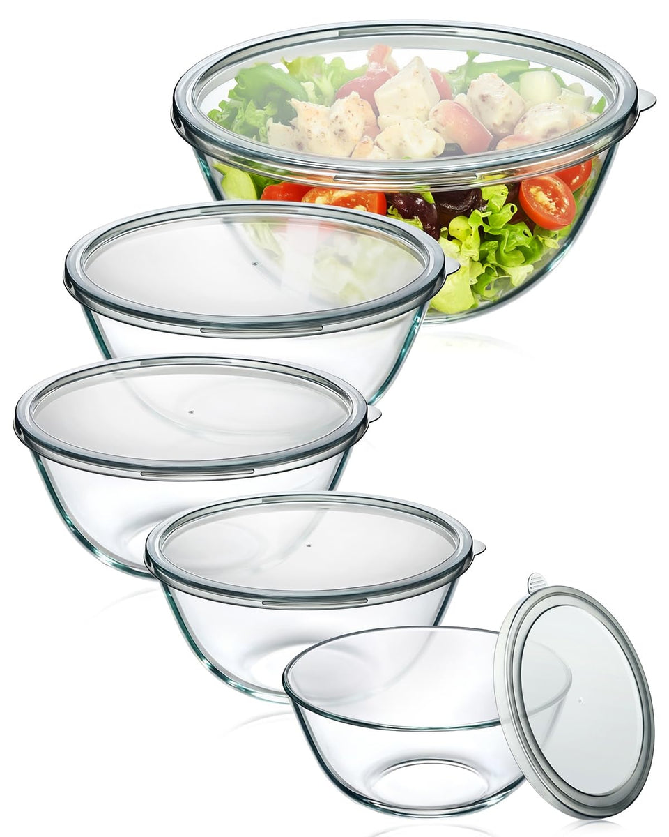 KEMETHY glass mixing bowl set with lid in 4.78qt, ideal for large salads and dough work