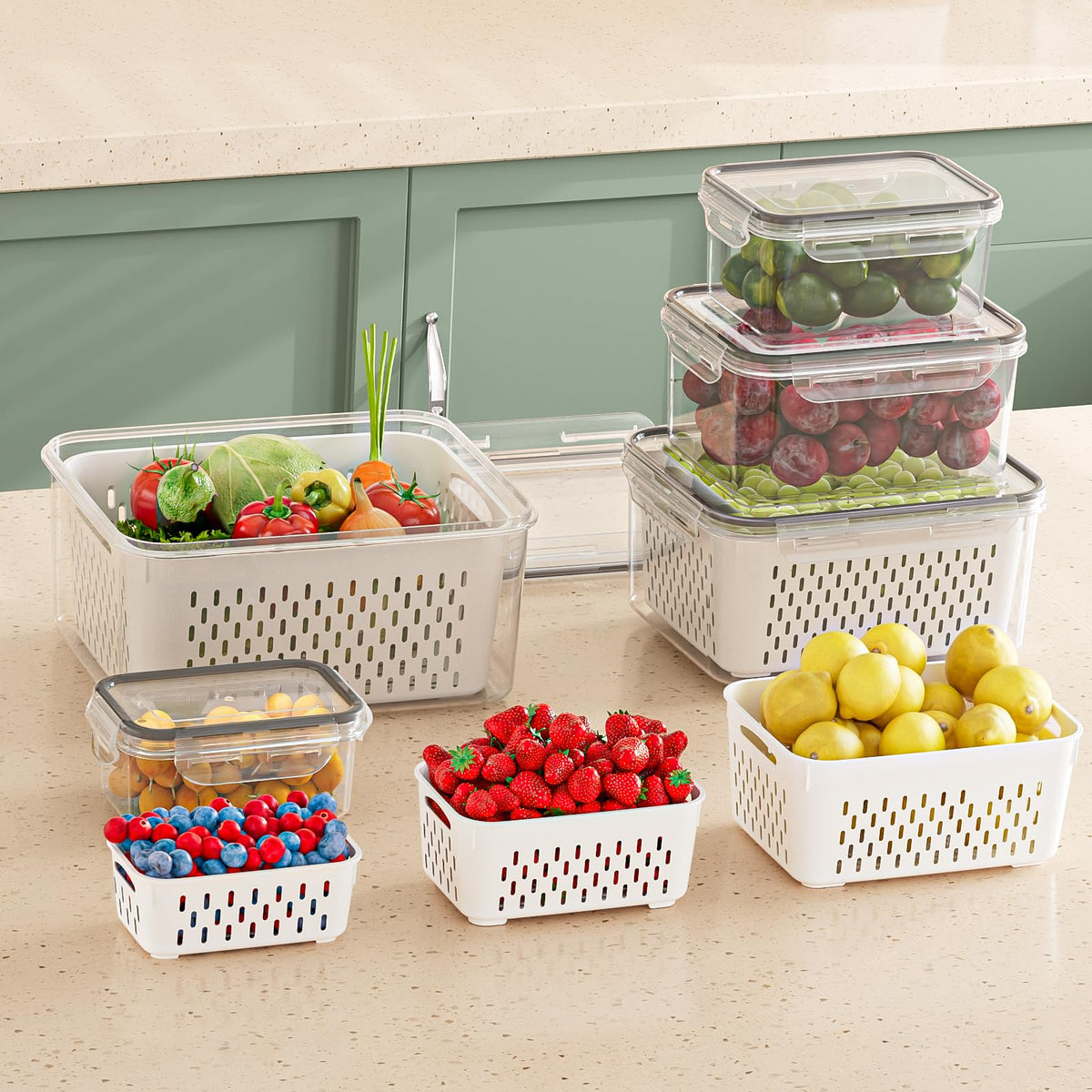 KEMETHY clear fridge bins help sort fruits, vegetables, berries and meat.