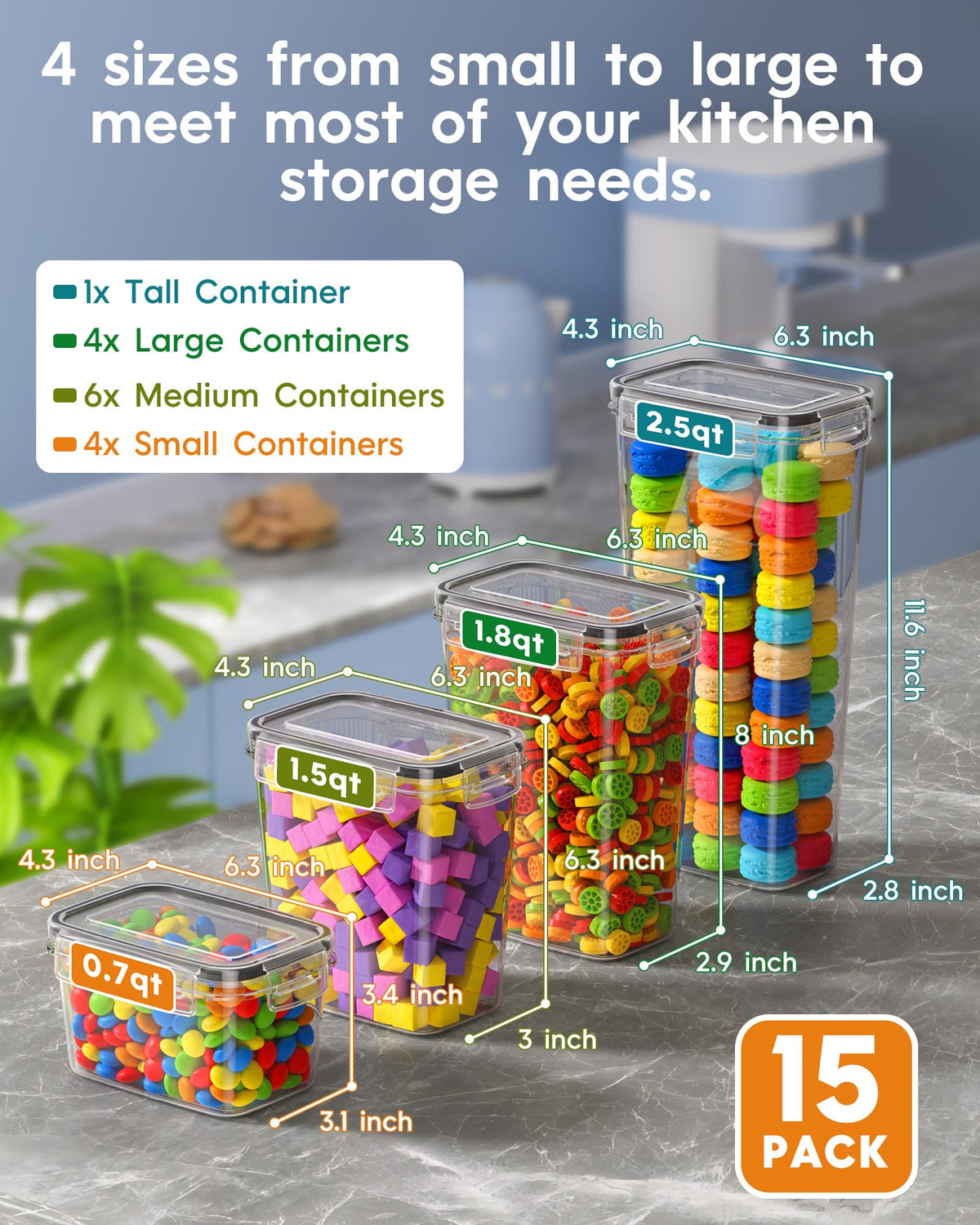Kemethy stackable, transparent containers for easy pantry organization.