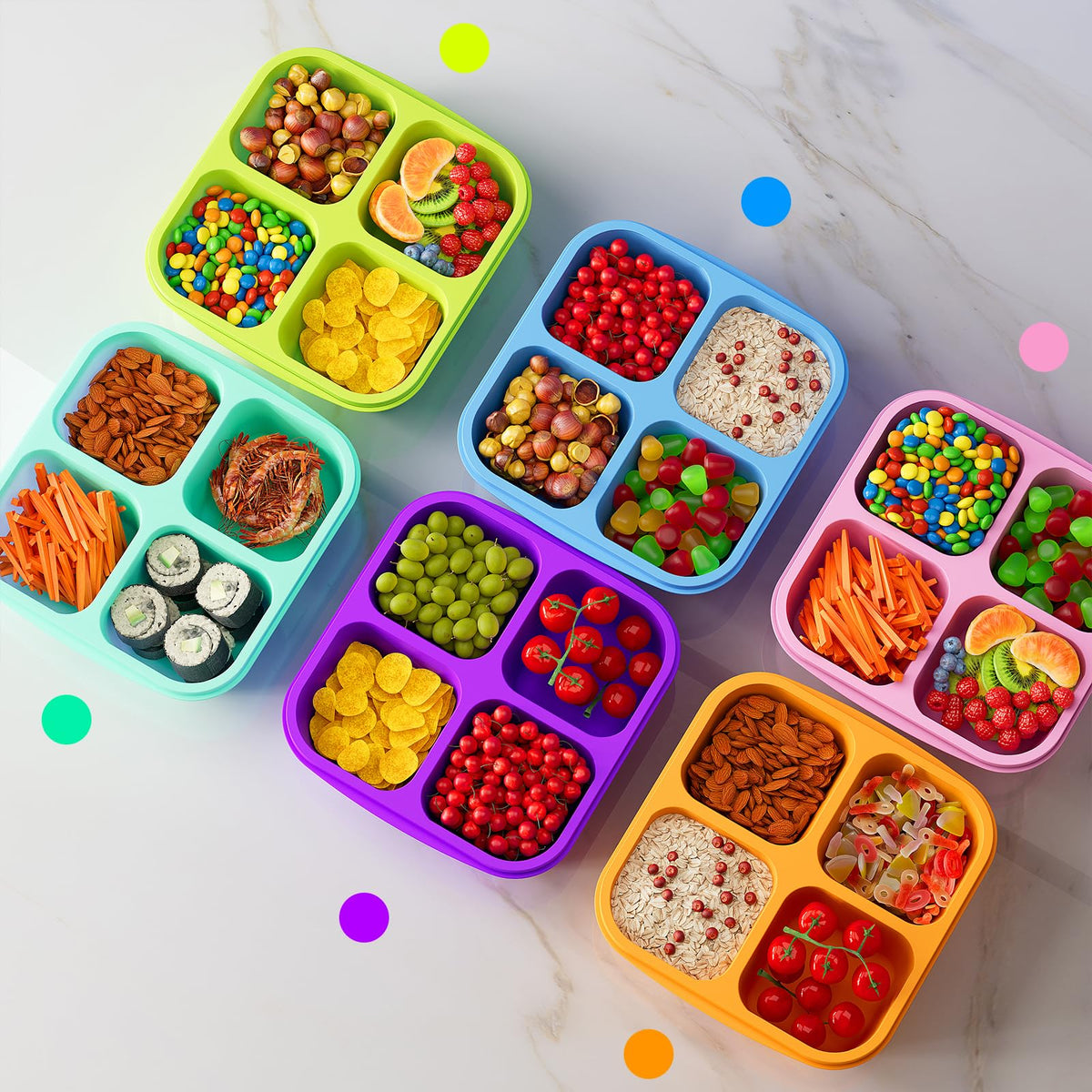 KEMETHY six-color snack container set supports varied meals and organization.