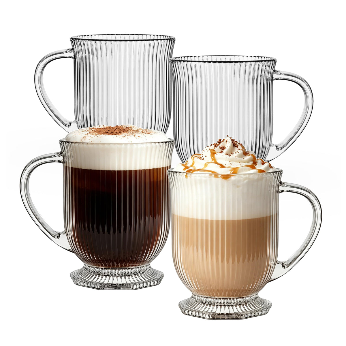 KEMORELA 16oz glass mugs set of 4 with ribbed design for stylish servings.