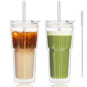 KEMORELA 20oz double-wall glass tumbler with lid and straw for iced drinks