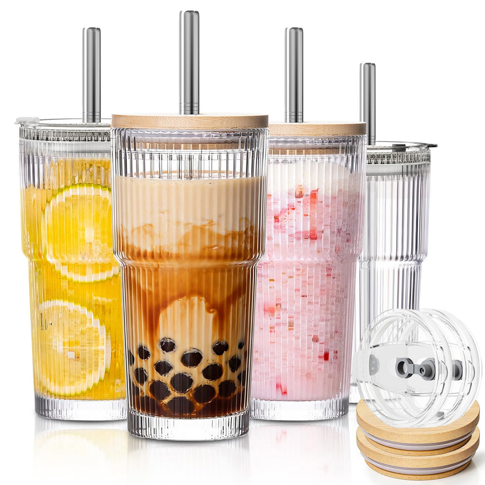 KEMORELA 20oz ribbed glass tumbler with bamboo lid, ideal for daily hydration on the go.