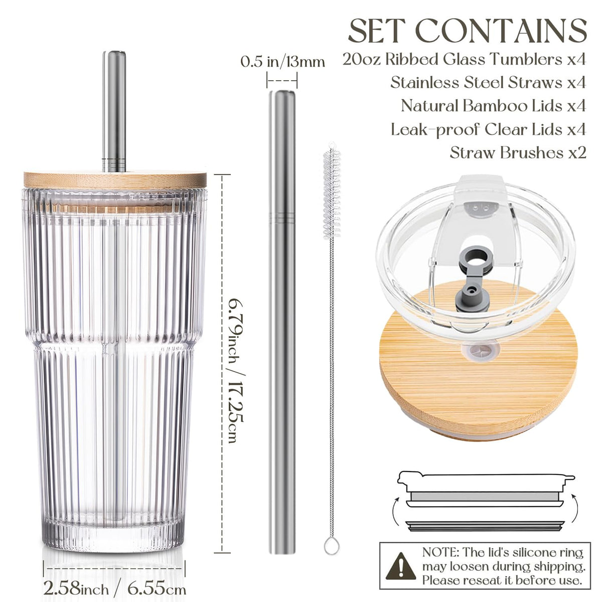 KEMORELA 20oz ribbed glass tumbler with clear lid, spill-free travel companion.