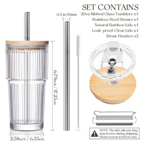 KEMORELA 20oz ribbed glass tumbler with clear lid, spill-free travel companion.