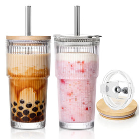 KEMORELA 20oz ribbed glass tumbler with dual lids and straw for cold beverages.