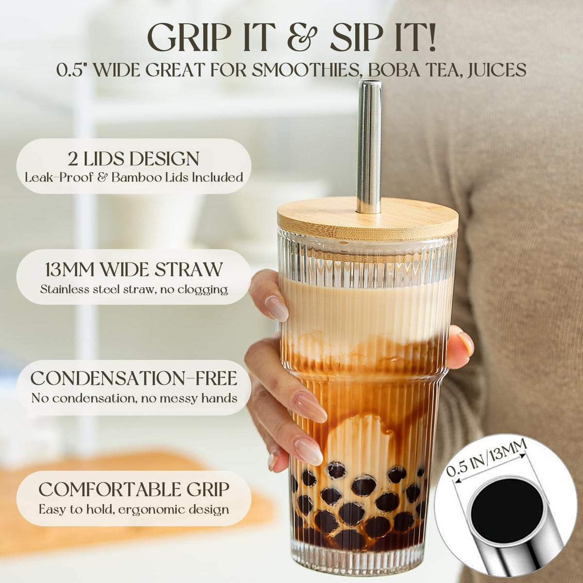 KEMORELA ribbed tumbler suitable for hot and cold beverages.