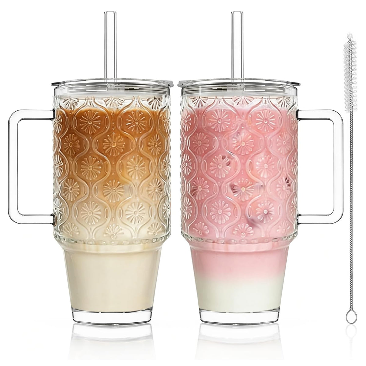 KEMORELA 24oz ribbed glass cup with handle and lid for travel hydration