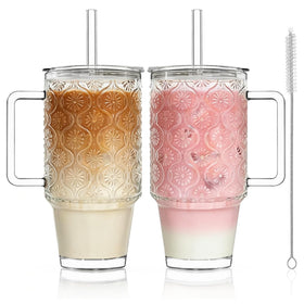 KEMORELA 24oz ribbed glass cup with handle and lid for travel hydration