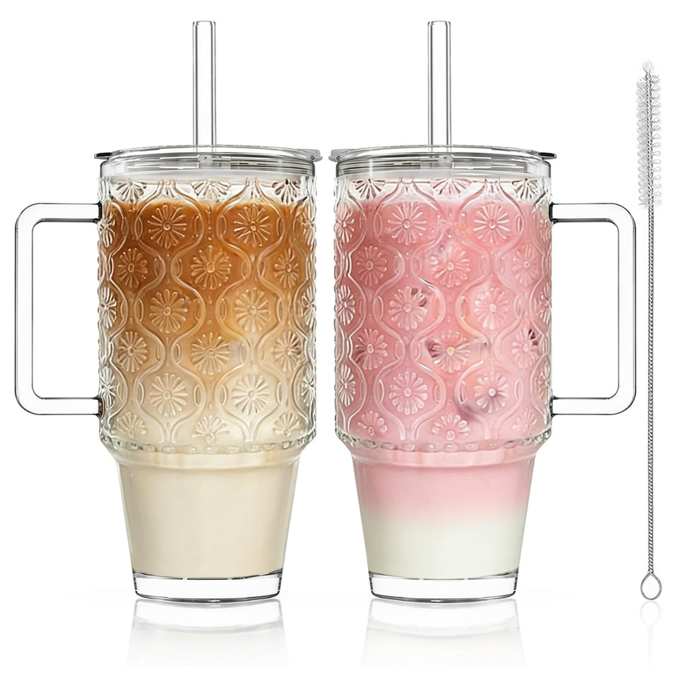 KEMORELA 24oz ribbed glass cup with handle and lid for travel hydration