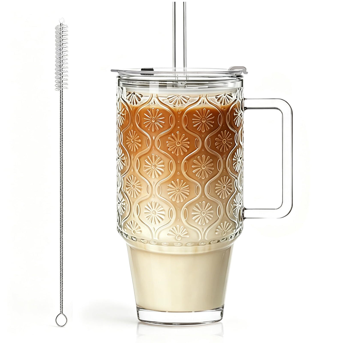 KEMORELA 24oz ribbed glass tumbler with lid for iced coffee on the go