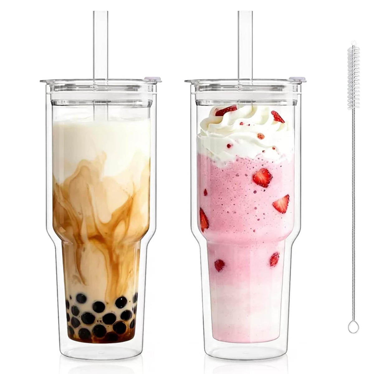 KEMORELA 28 oz double-wall tumbler set2 shown with beverages, condensation-free hands.