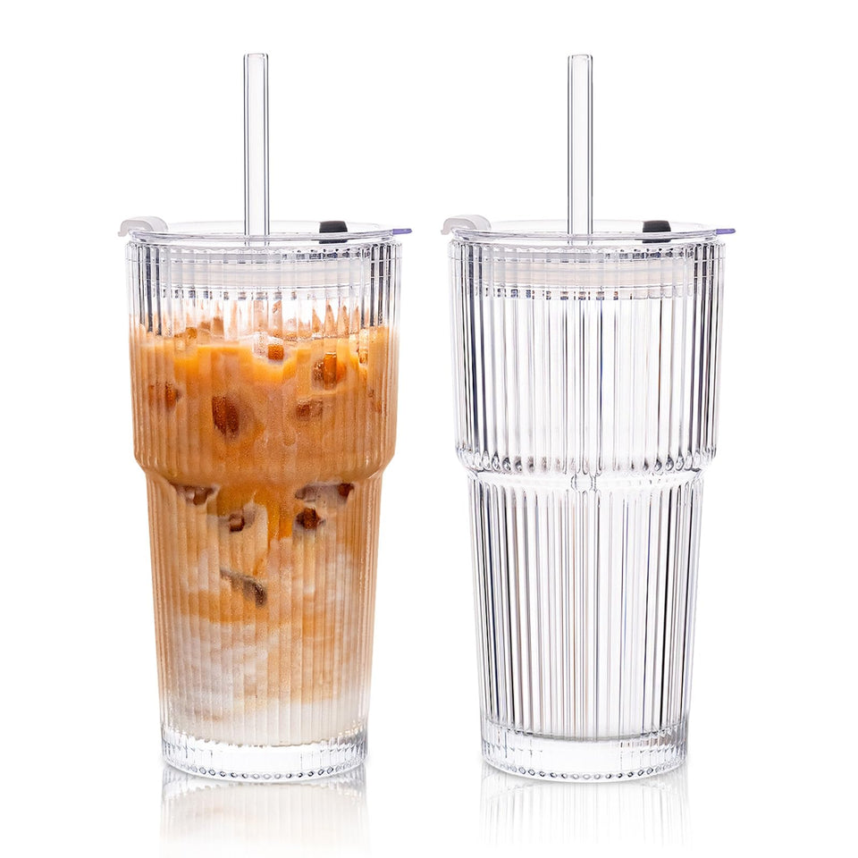 KEMORELA 2-pack 20 oz ribbed glass tumbler with lid and straw for iced coffee