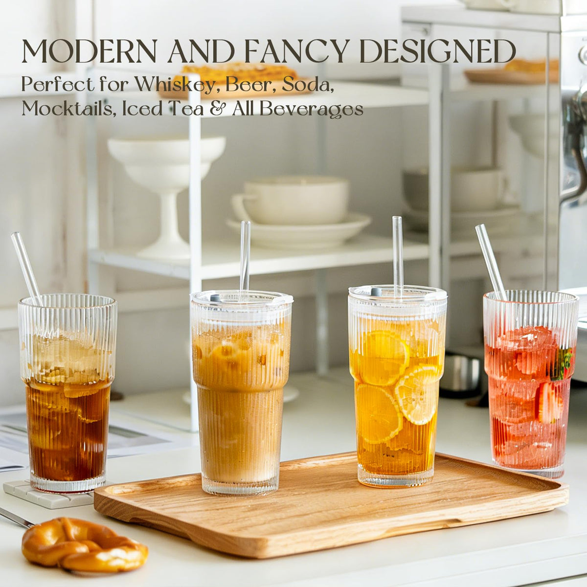 KEMORELA ribbed glass tumbler with lids and straws in use for smoothies