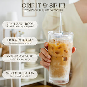 KEMORELA ribbed glass tumbler in kitchen scene, hot or cold beverages ready