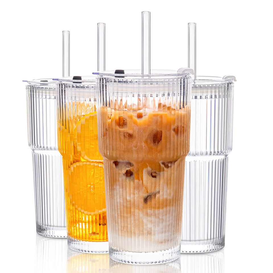 KEMORELA 4-pack ribbed glass tumblers with lids and straws for on-the-go sipping