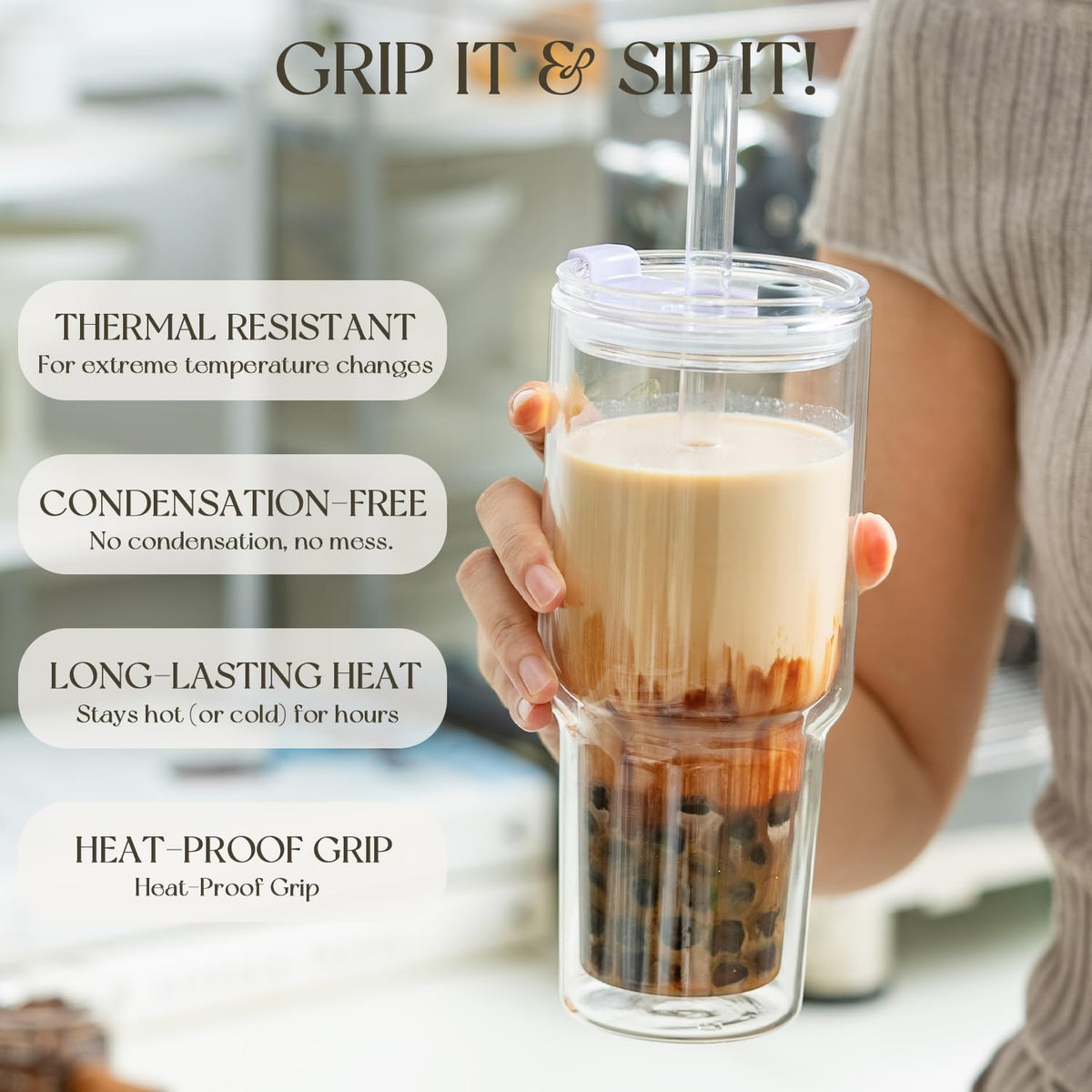 KEMORELA bubble tea friendly tumbler for at-home bubble tea sessions.