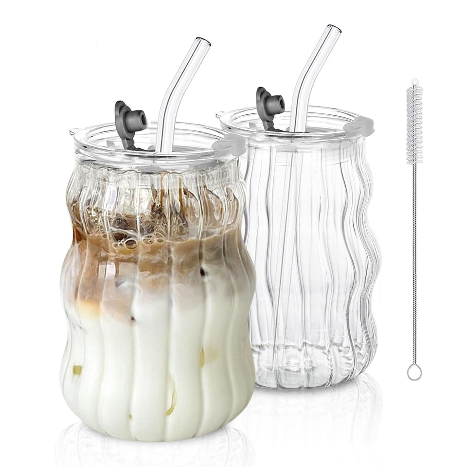 Kemorela ribbed glass cup with lid and straw for iced drinks