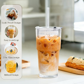KEMORELA wide-mouth glass tumbler showing easy ice insertion and cleaning