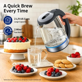 Kemzez Electric Kettle Glass 2L with blue LED for easy late-night brewing.