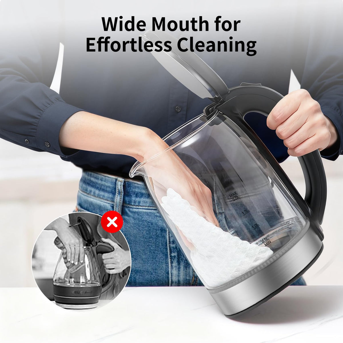 Kemzez Electric Kettle Glass 2L stainless interior preserves water quality during heating.