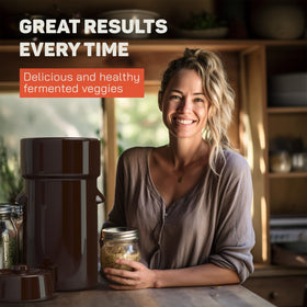 Kenley crock on kitchen counter shows compact home fermentation setup for small batches.