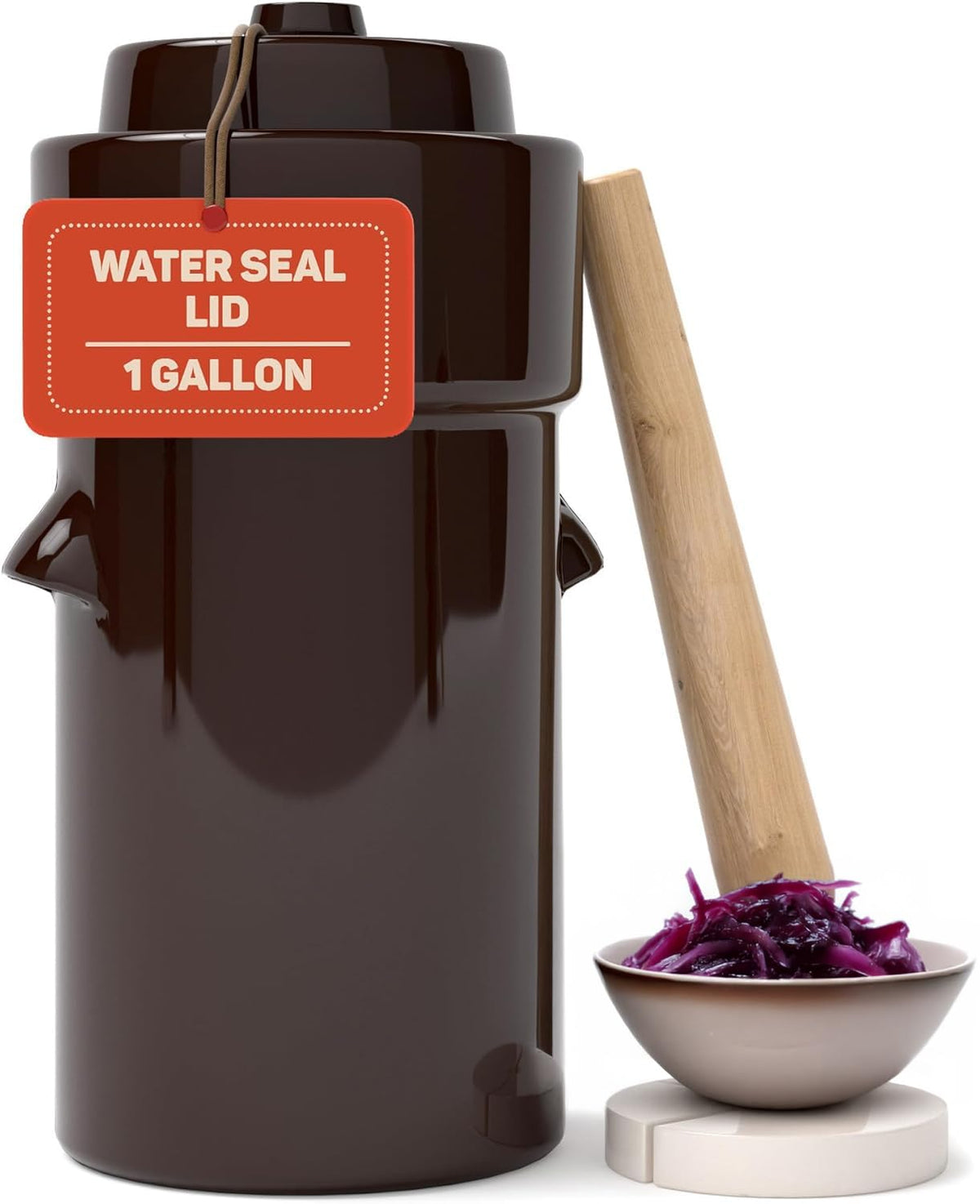 Kenley fermentation crock with lid on maintains proper gas release and flavor.