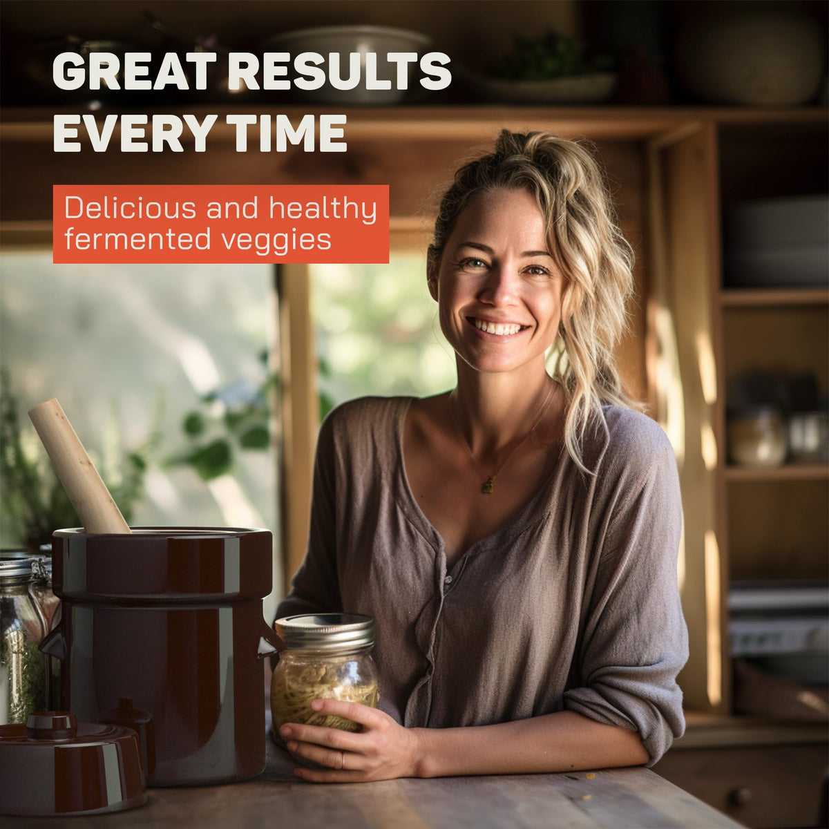Kenley sauerkraut crock on kitchen counter for easy home fermentation