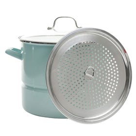 Kenmore Broadway 16qt pot in Glacier Blue, delivers ample capacity for family-sized boils.