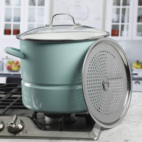 Kenmore Broadway enamel-on-steel construction with a bold blue finish cleans easily.