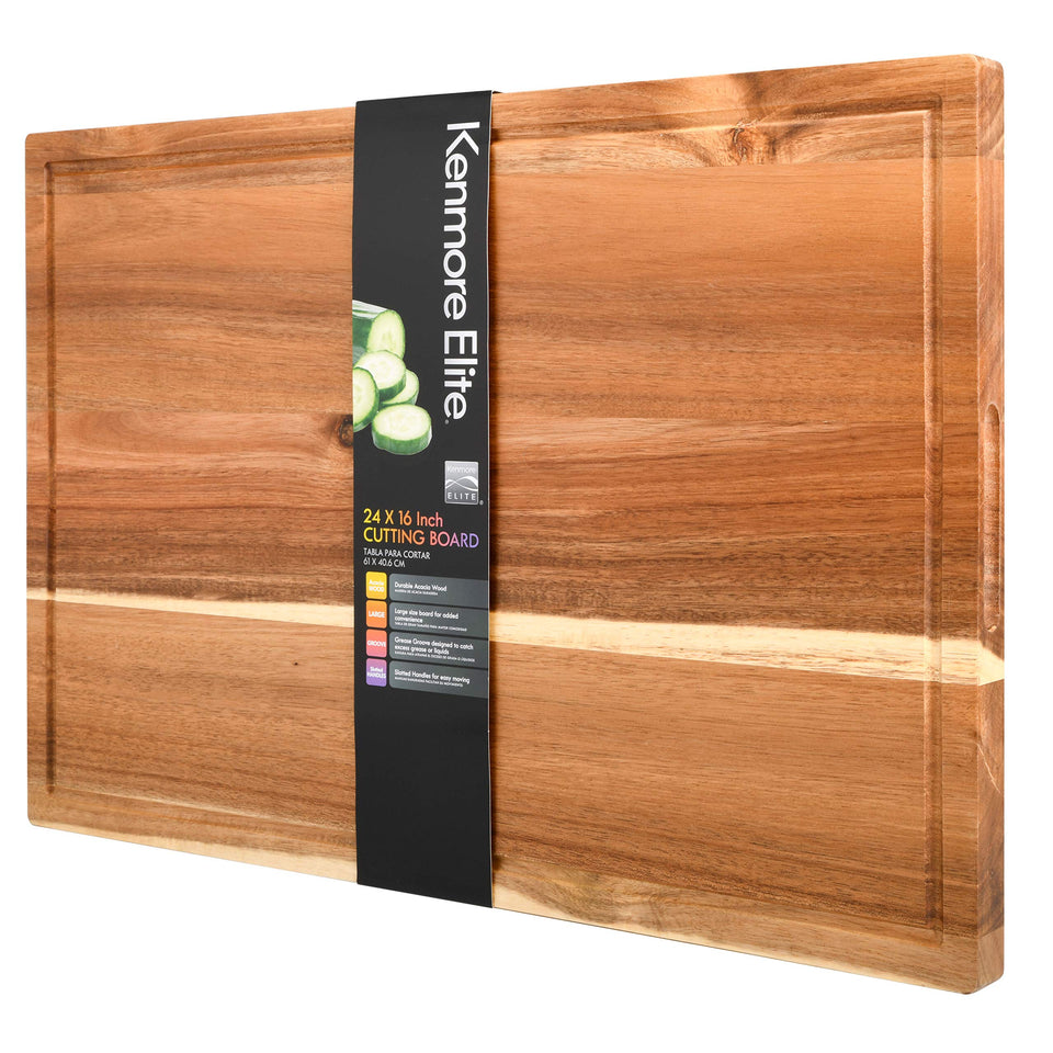 Kenmore Kenosha acacia cutting board on counter, 24x16, ideal for daily meal preparation