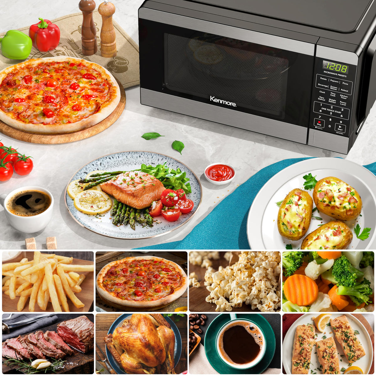 Kenmore microwave with push-button door for easy access