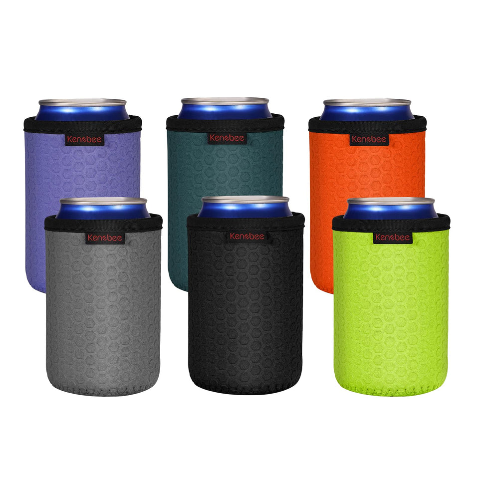 KENOBEE 6-pack can cooler sleeves on standard 12 oz cans for hands-free cold drinks