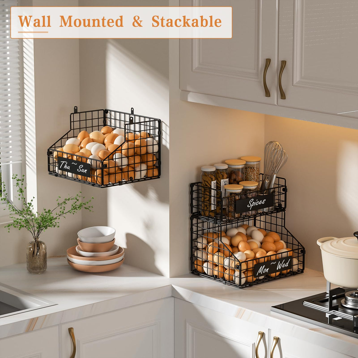 Three-tier wire egg basket provides compact countertop storage.