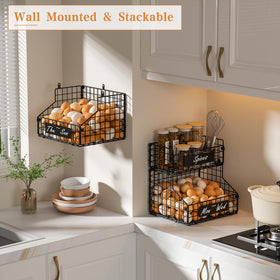 Three-tier wire egg basket provides compact countertop storage.