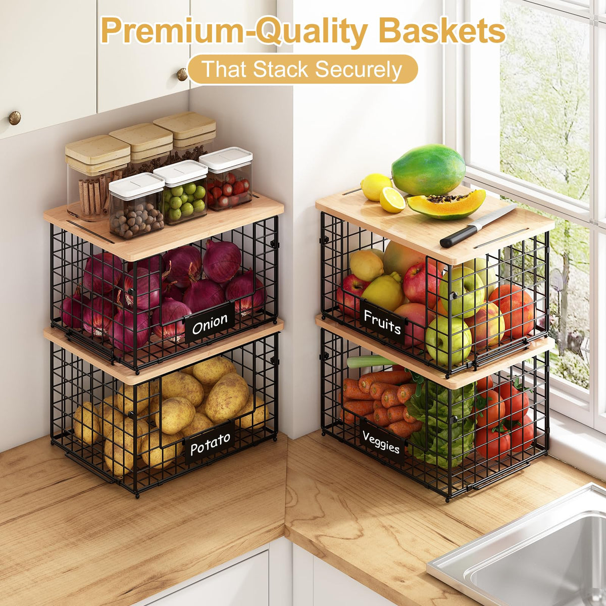 Keomaisyto kitchen counter baskets with bamboo top organize bread and snacks efficiently.