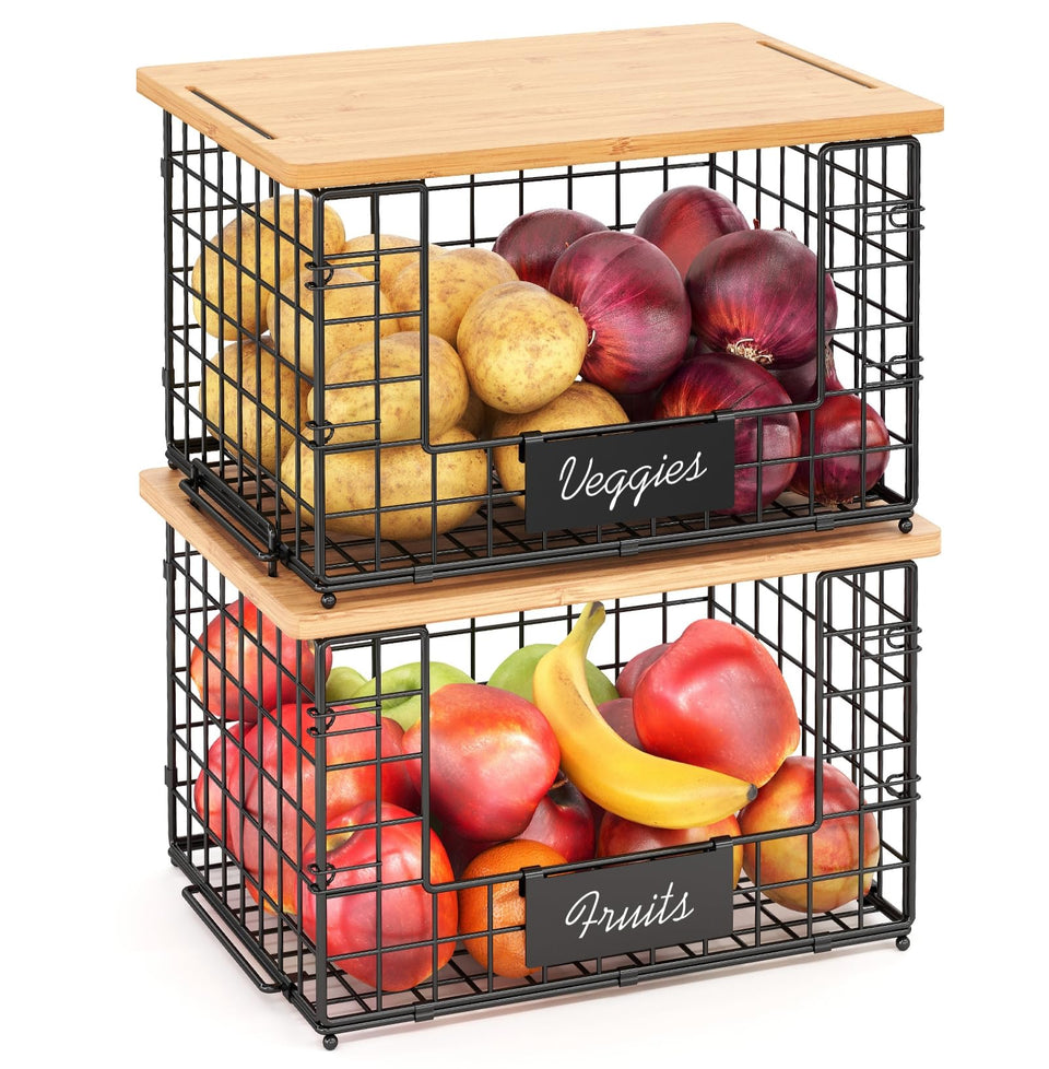 Keomaisyto stackable wire baskets with bamboo top on counter for easy pantry access