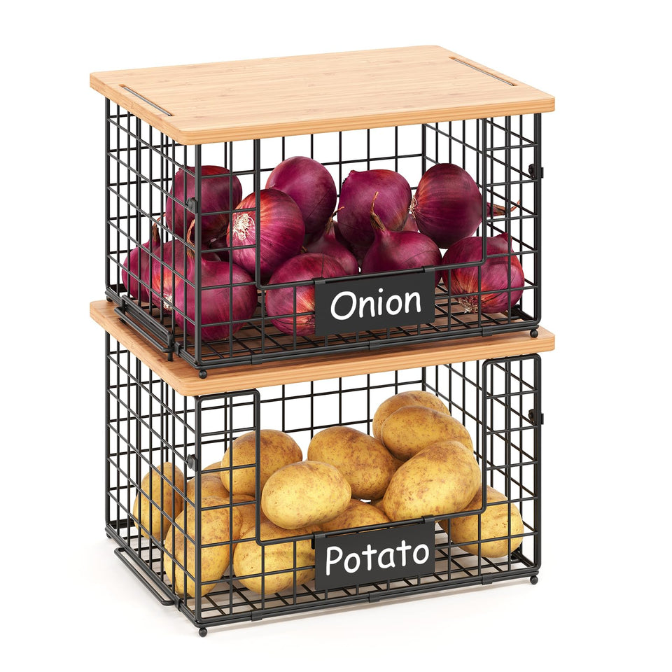 Keomaisyto XL stackable baskets with bamboo top keep pantry items neatly organized.