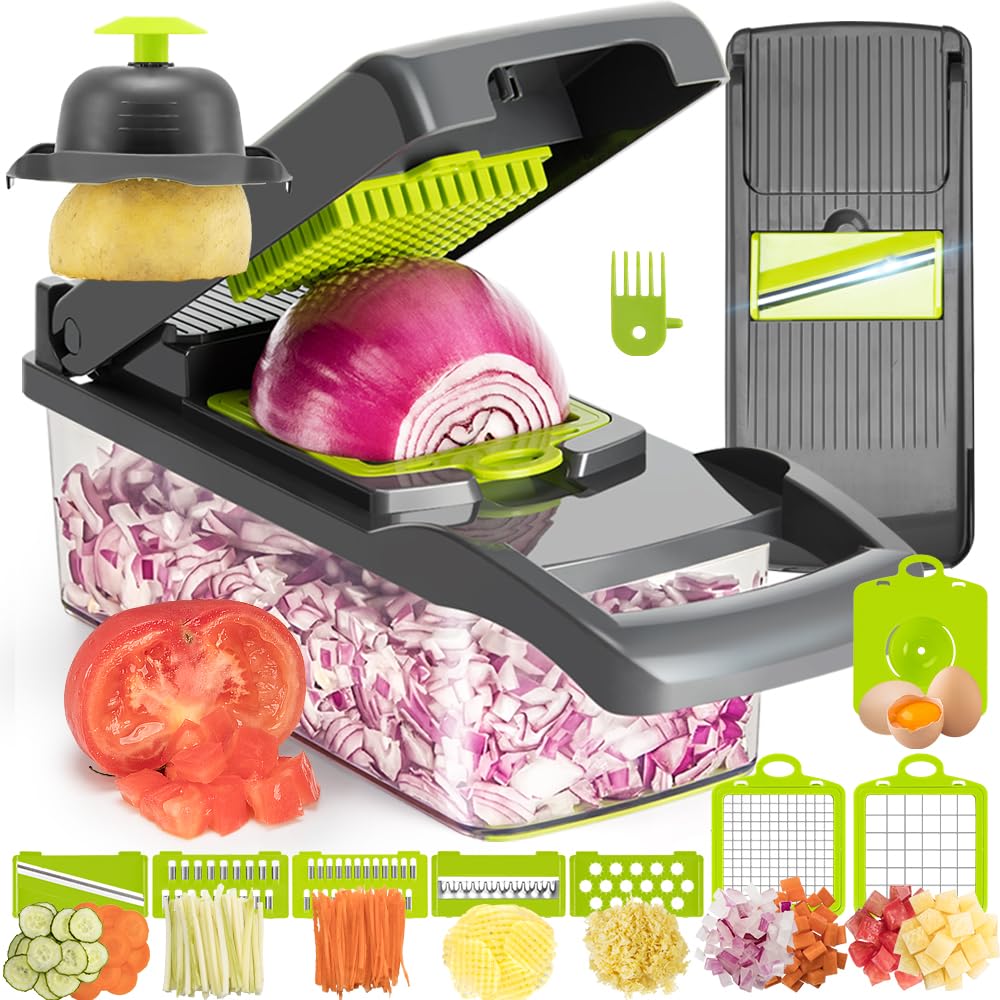 KEOUKE 12-in-1 vegetable chopper grey with versatile blades for quick prep.
