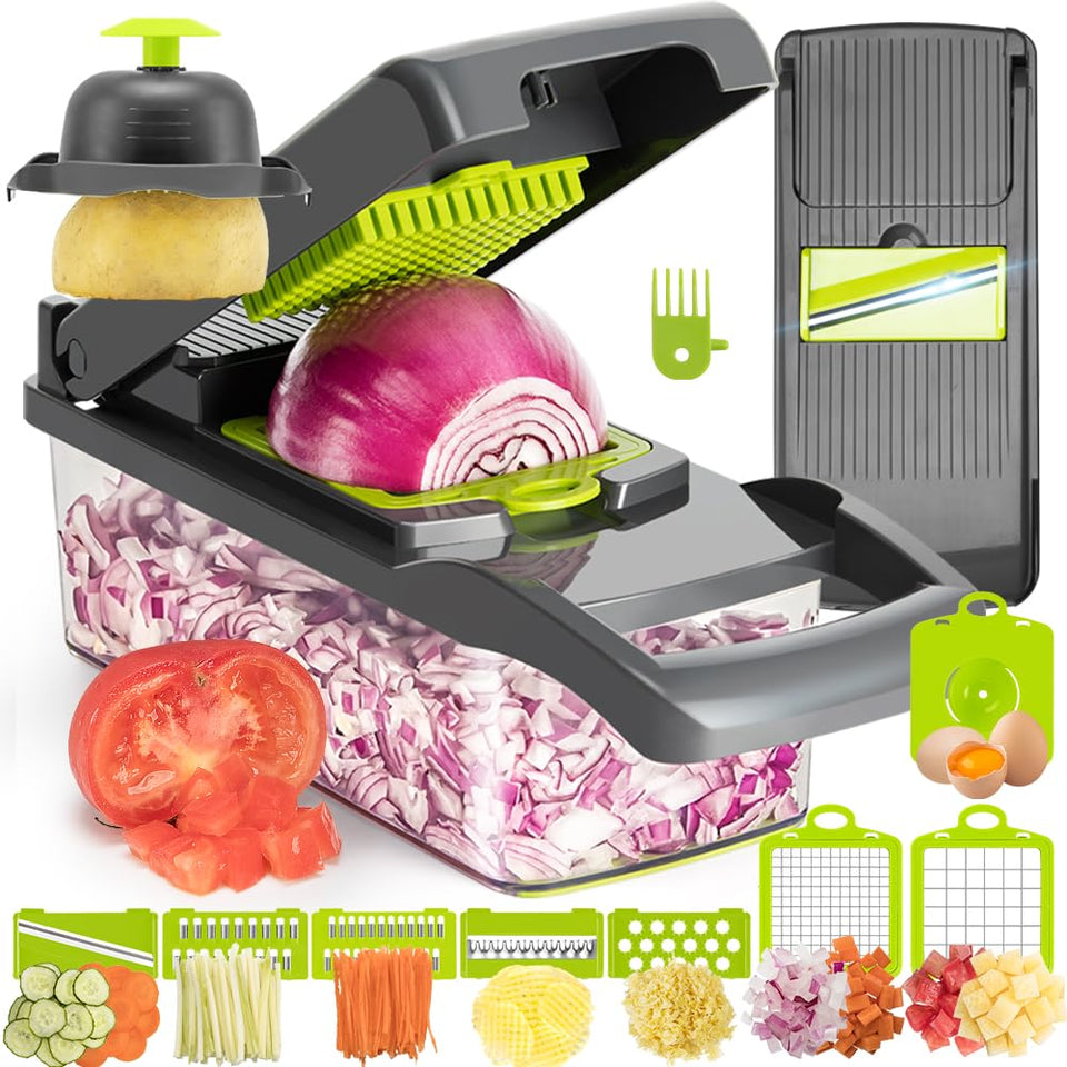 KEOUKE 12-in-1 vegetable chopper grey with versatile blades for quick prep.