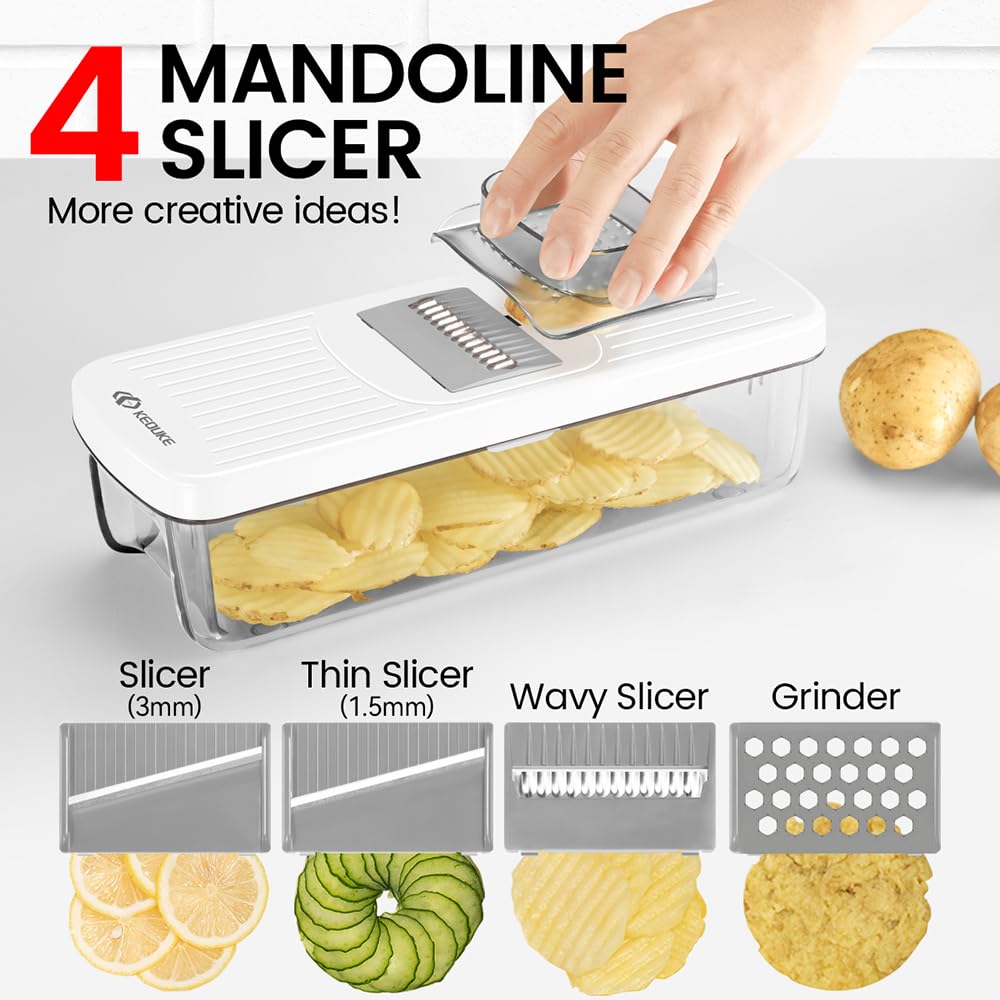KEOUKE julienne blades create consistent matchsticks for salads.
