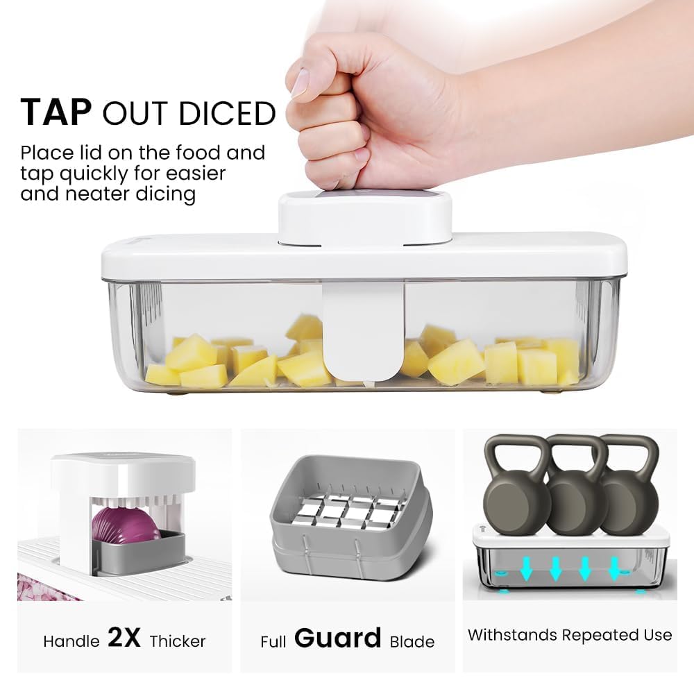 KEOUKE press lid shown for quick, uniform dicing results.