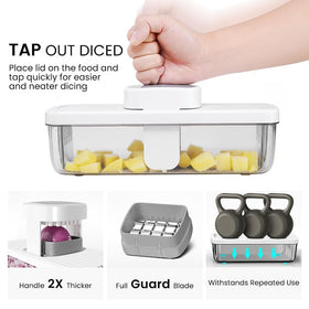 KEOUKE press lid shown for quick, uniform dicing results.