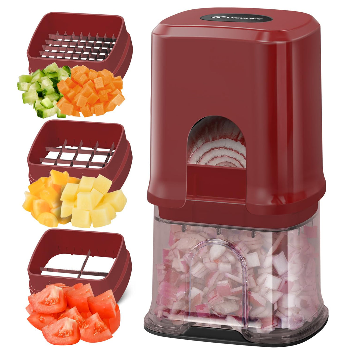 KEOUKE red multifunctional vegetable chopper with container keeps chopped veggies ready to cook.