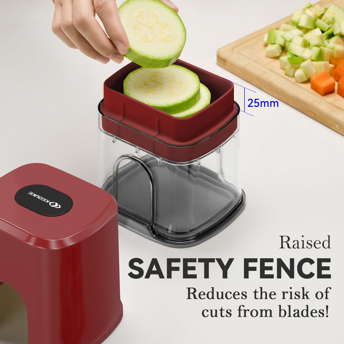 KEOUKE red vegetable chopper onions sliced safely with top lid and shield.