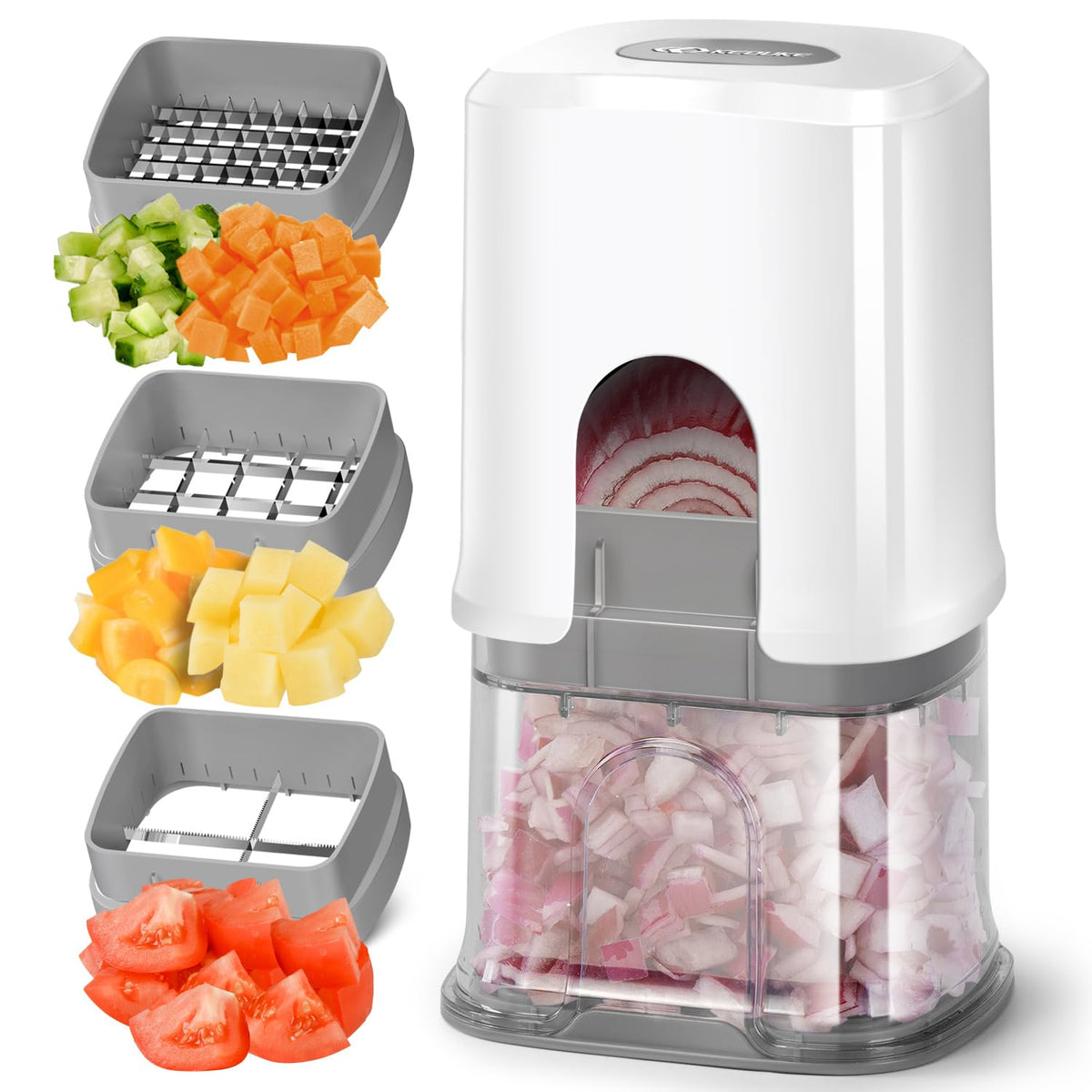 KEOUKE multifunctional vegetable chopper close-up of chevron blades for precise chopping.