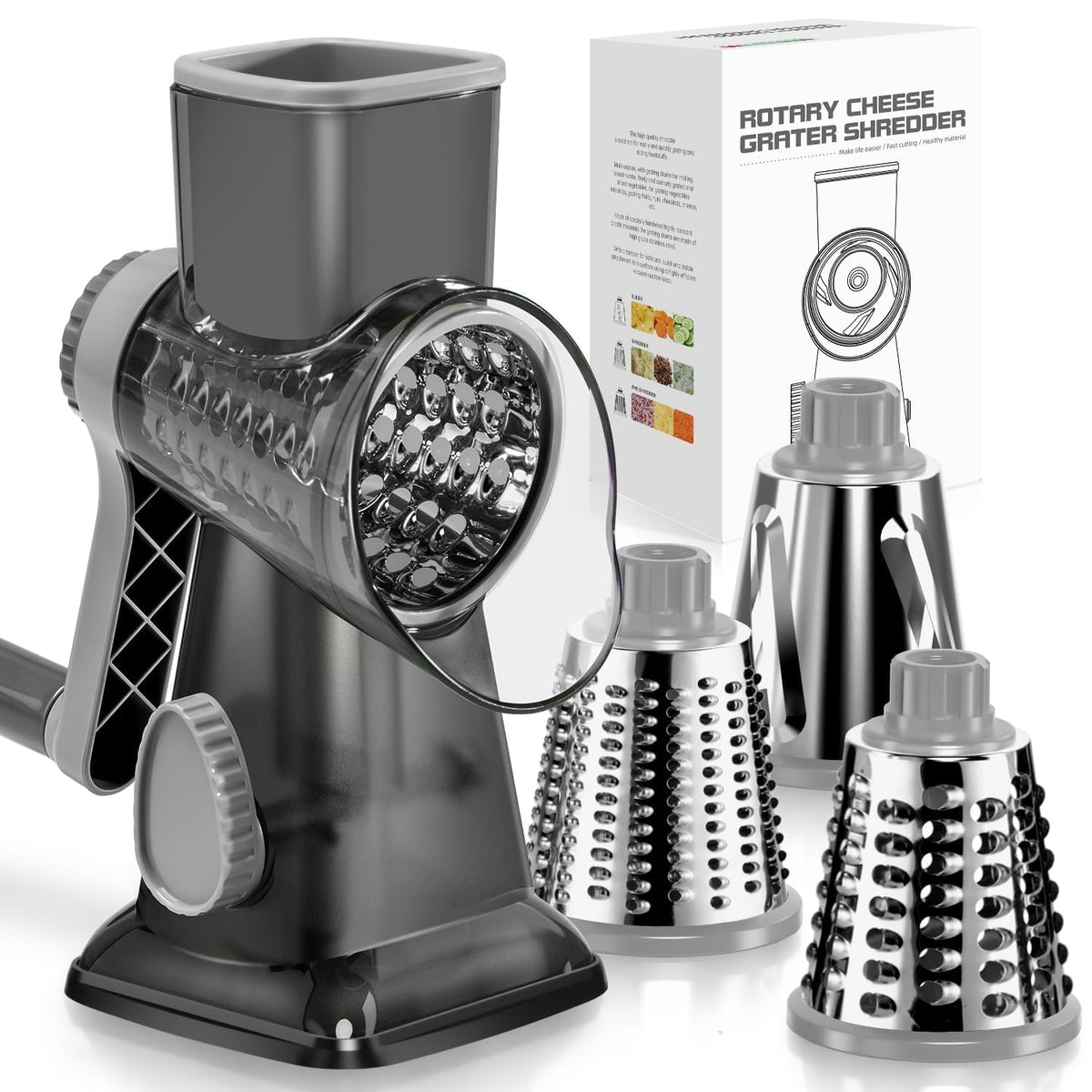 KEOUKE Rotary Cheese Grater with hand crank assembly for quick setup and shredding.